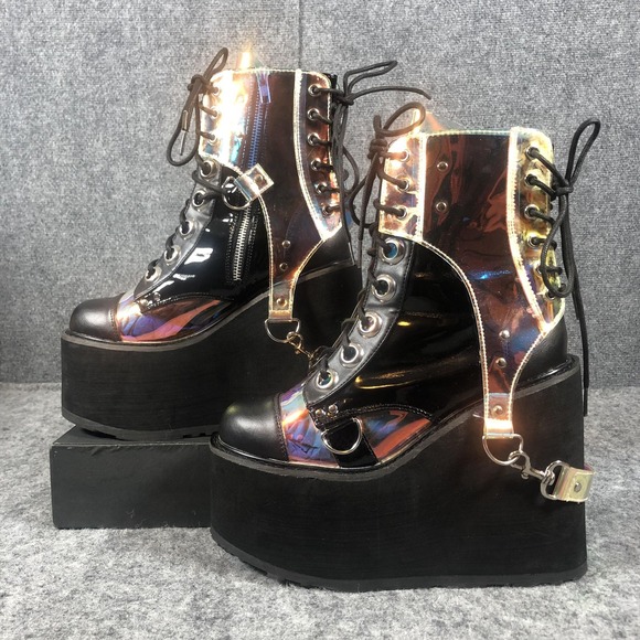 Demonia Swing-115 Platform Boots Womens Size 8 Black Holographic Goth Rave - Picture 3 of 16